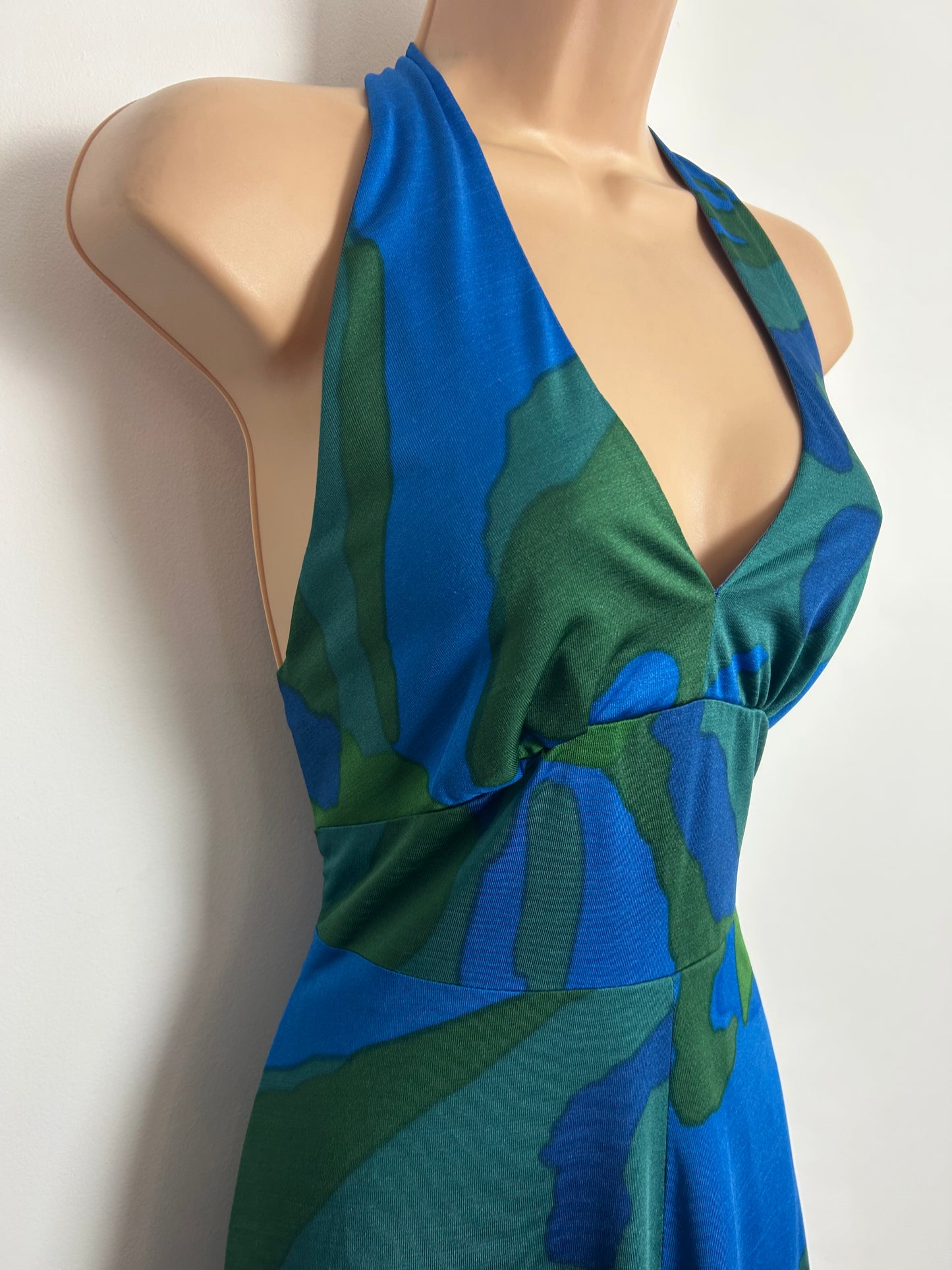 Vintage 1970s Size 6 BERNAT KELIN Blue & Green Abstract Print Halter Maxi Dress (Unlabelled)