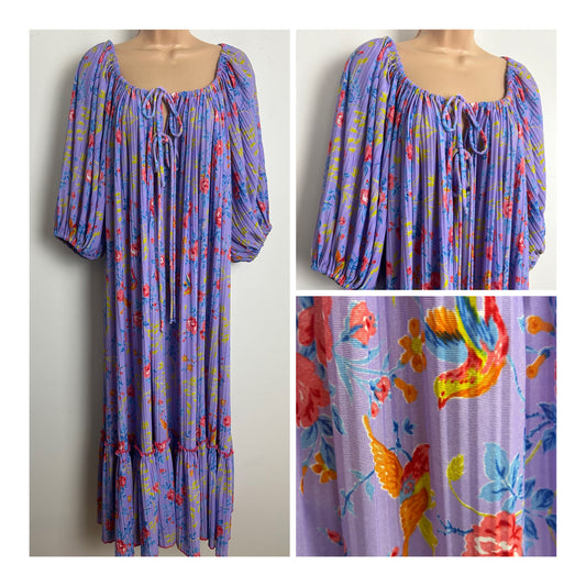 Vintage 1970s DESIGNER GORDON L CLARKE Up To Size 16 Lilac Orange & Blue Floral & Bird Print Plisse Pleated Smock Dress
