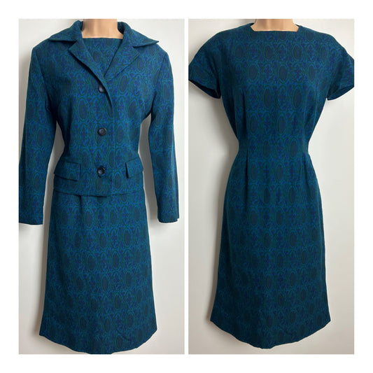 Vintage Late 1950s/Early 1960s Size 10 Dark Blue & Green Nouveau Floral Wool Mix Mod Dress & Matching Jackey Two Piece Suit