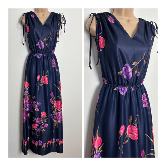 Vintage 1970s UK Size 10 Navy Blue & Pink Tones Floral Print Sleeveless Tie Shoulder Maxi Dress