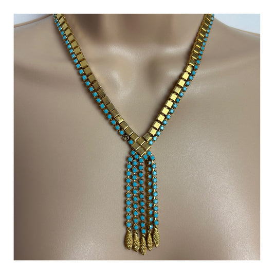 Vintage 1960s Beautiful Gold Tone Turquoise Bead Five Strand Necklace
