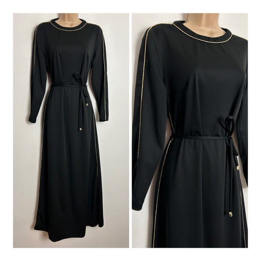 Vintage 1970s UK Size 10-12 Black & Metallic Gold Piping Trim Long Sleeve Belted Maxi Dress