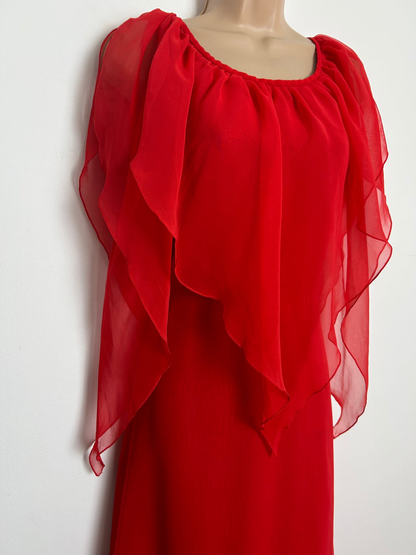 Vintage 1970s DEBENHAMS Size 12 Red Chiffon Split Floaty Sleeve Layered Occasion Maxi Dress