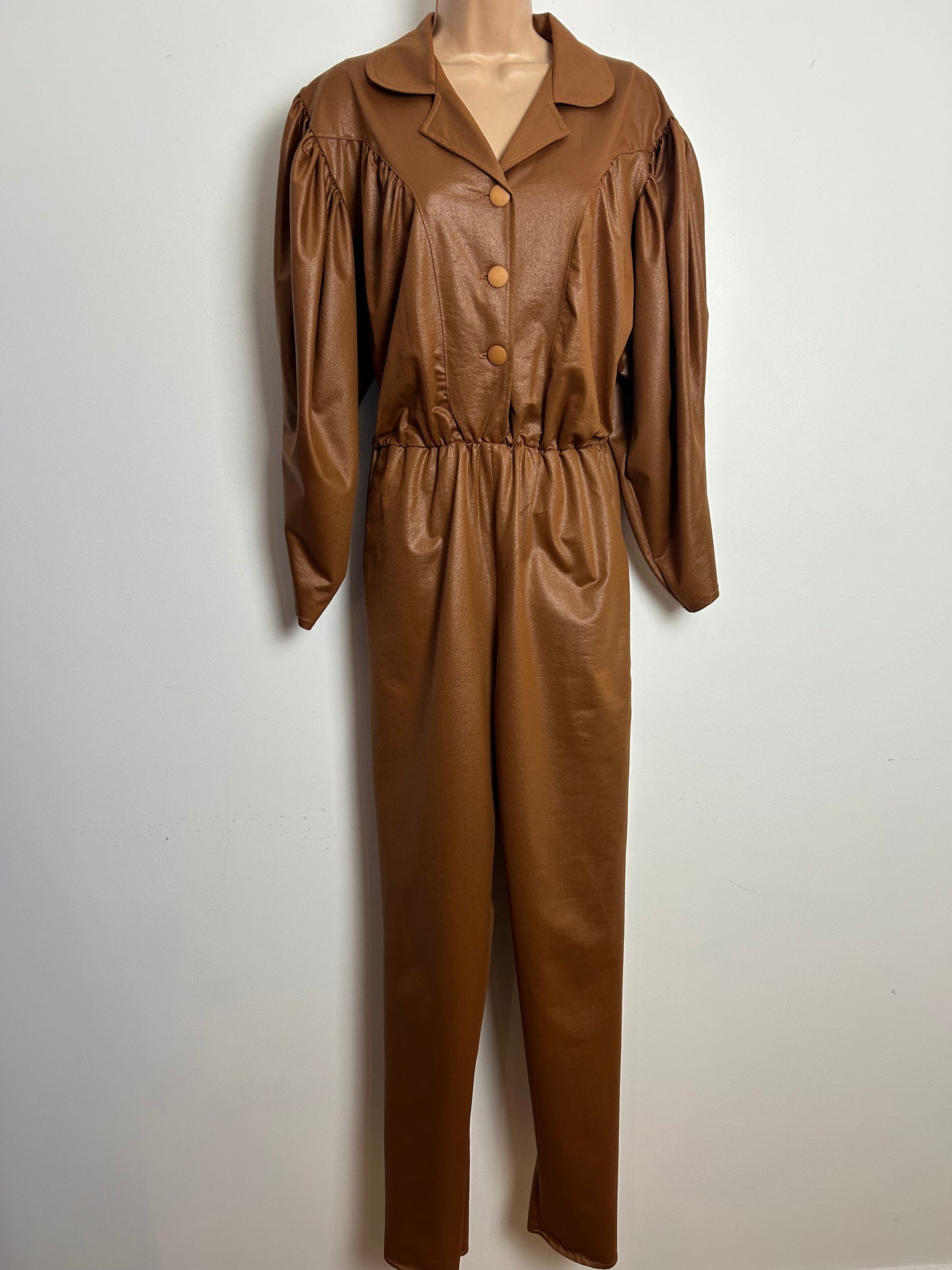 Vintage 1980s Size 12-14 Tan Brown Wet Look Mutton Sleeve Tapered Leg Jumpsuit