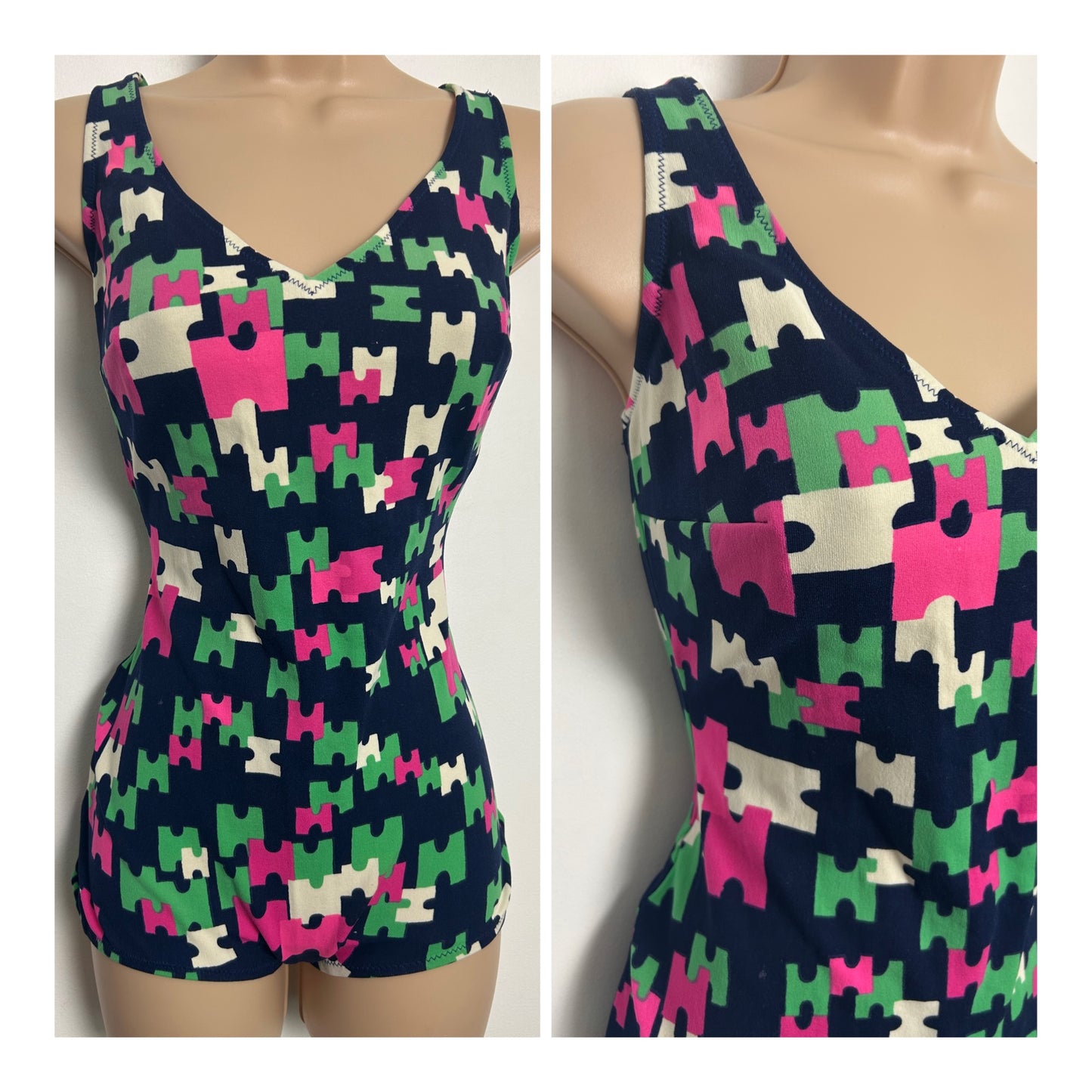Vintage Late 1960s Approx Size 14-16 Navy Blue Pink Green & White Abstract Geo Jigsaw Style Print Swimsuit