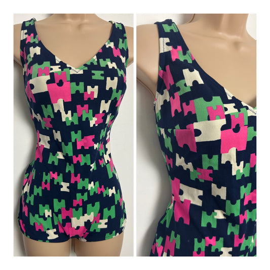 Vintage Late 1960s Approx Size 14-16 Navy Blue Pink Green & White Abstract Geo Jigsaw Style Print Swimsuit