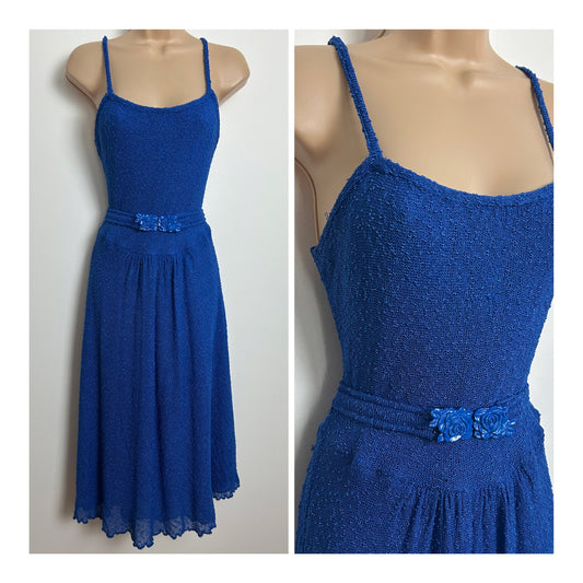 Vintage Late 1970s Size 10-12 Royal Blue Flower Buckle Strappy Summer Day Dress