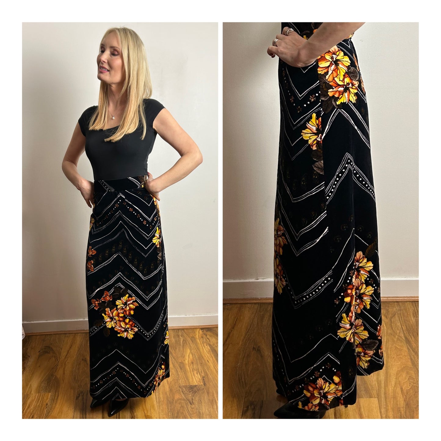 Vintage 1970s UK Size 6 Gorgeous Black Velvet Zig Zag Stripe & Floral Print Maxi Skirt