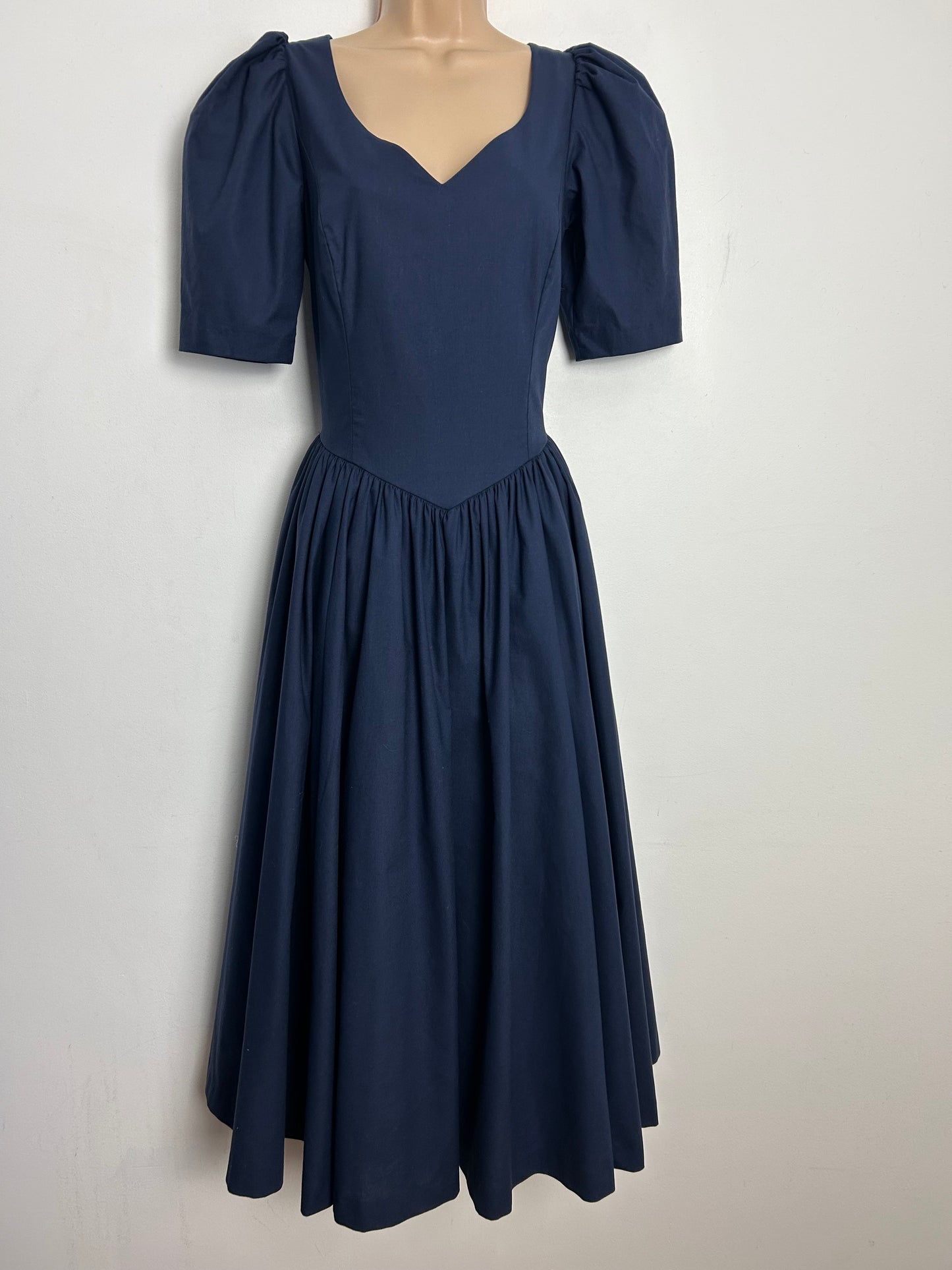 Vintage 1980s LAURA ASHLEY UK Size 8 (UK Size 14 On Label) Navy Blue Cross Over Open Back Bow Detail Midi Length Gown