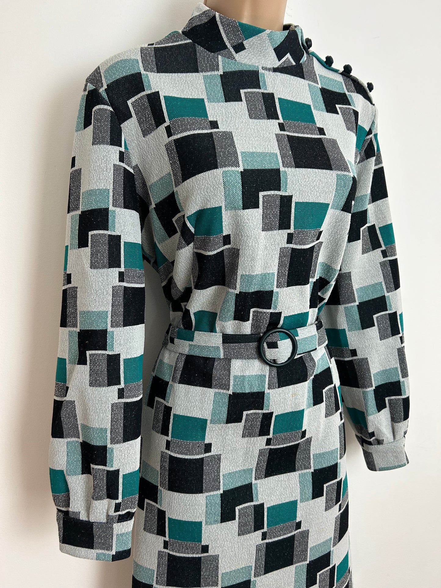 Vintage 1960s Size 16 Teal Black & White Geo Square Print Crimplene Belted Long Sleeve Mod Dress