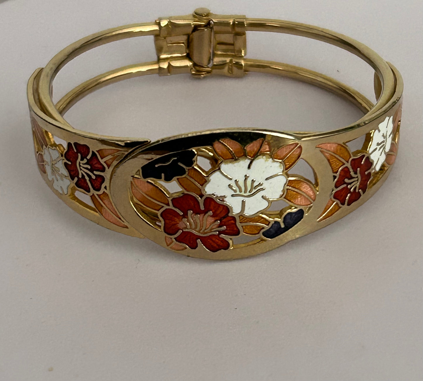 Vintage Gold Tone & Cloisonne Enamel Flower Pattern Cut Out Detail Hinged Cuff Bangle Bracelet