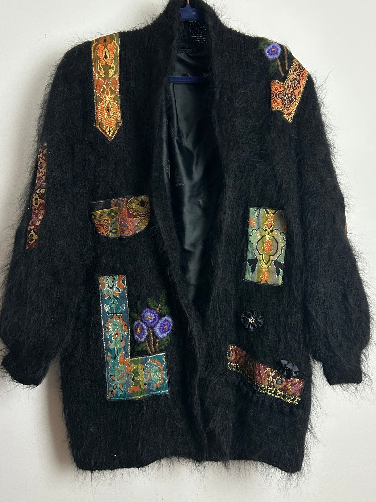 Vintage 1980s Up To Size 18 Black Wool Applique Detail Fully Lined Handmade Open Fronted Cardigan Coatigan
