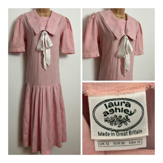 Vintage 1980s LAURA ASHLEY Size 12 Pink Floral Embossed Sailor Collar Pleated Day Dress