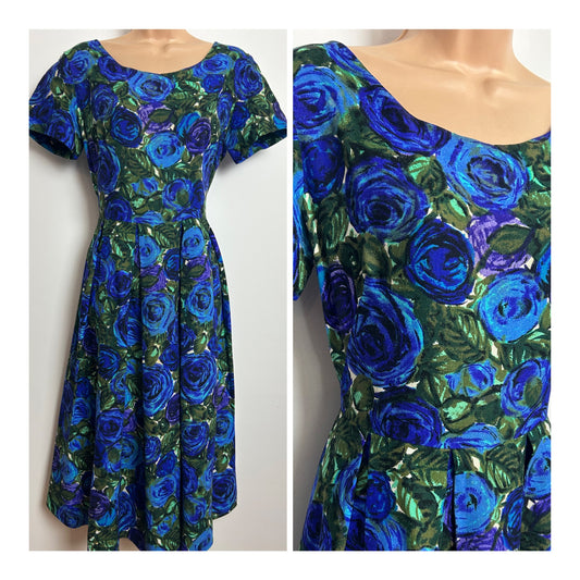 Vintage Late 1950s Size 14 Blue Purple & Green Floral Print Short Sleeve Pleated Day Dress