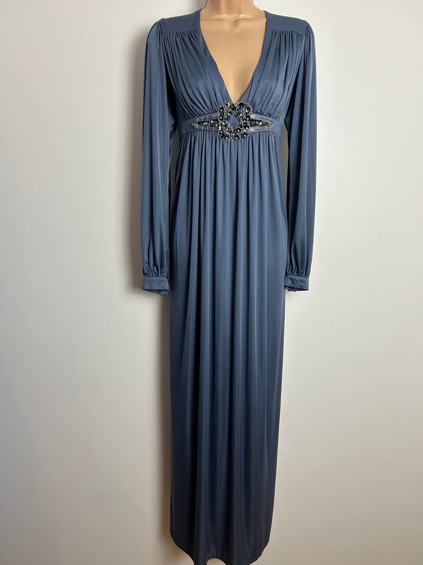 Vintage Early 1970s RARE COLIN GLASCOE Size 10-12 Pewter Gather Pleated Bead Applique Long Sleeve Maxi Dress