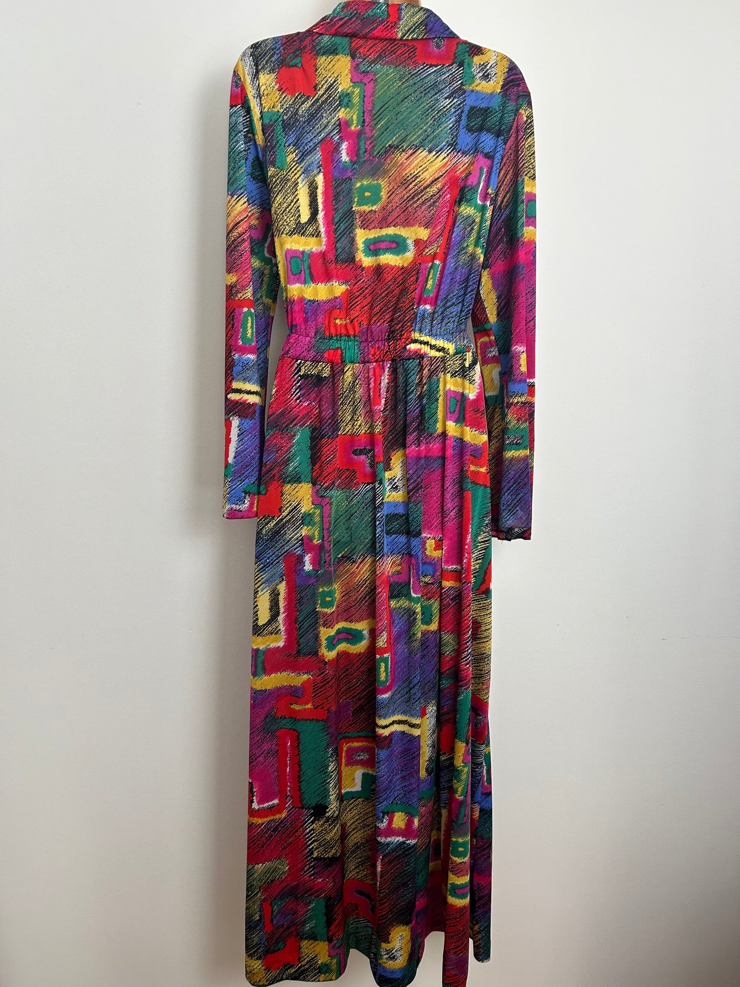 Vintage 1970s POMPADOUR Size 14-16 Multicolour Abstract Geo Square Print Dagger Collar Belted Maxi Dress