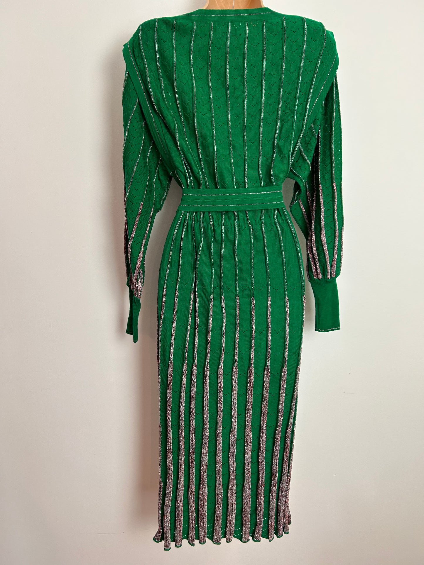 Vintage 1980s BELLINO Made In Italy UK Size 10 STUNNING Green & Metallic Silver Pleated Knitted Dress