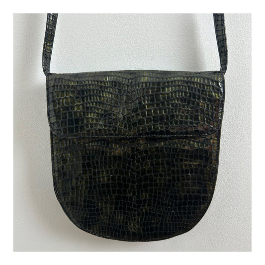 Vintage 1980s Cute Little Very Dark Green Mock Reptile Skin Shoulder Bag