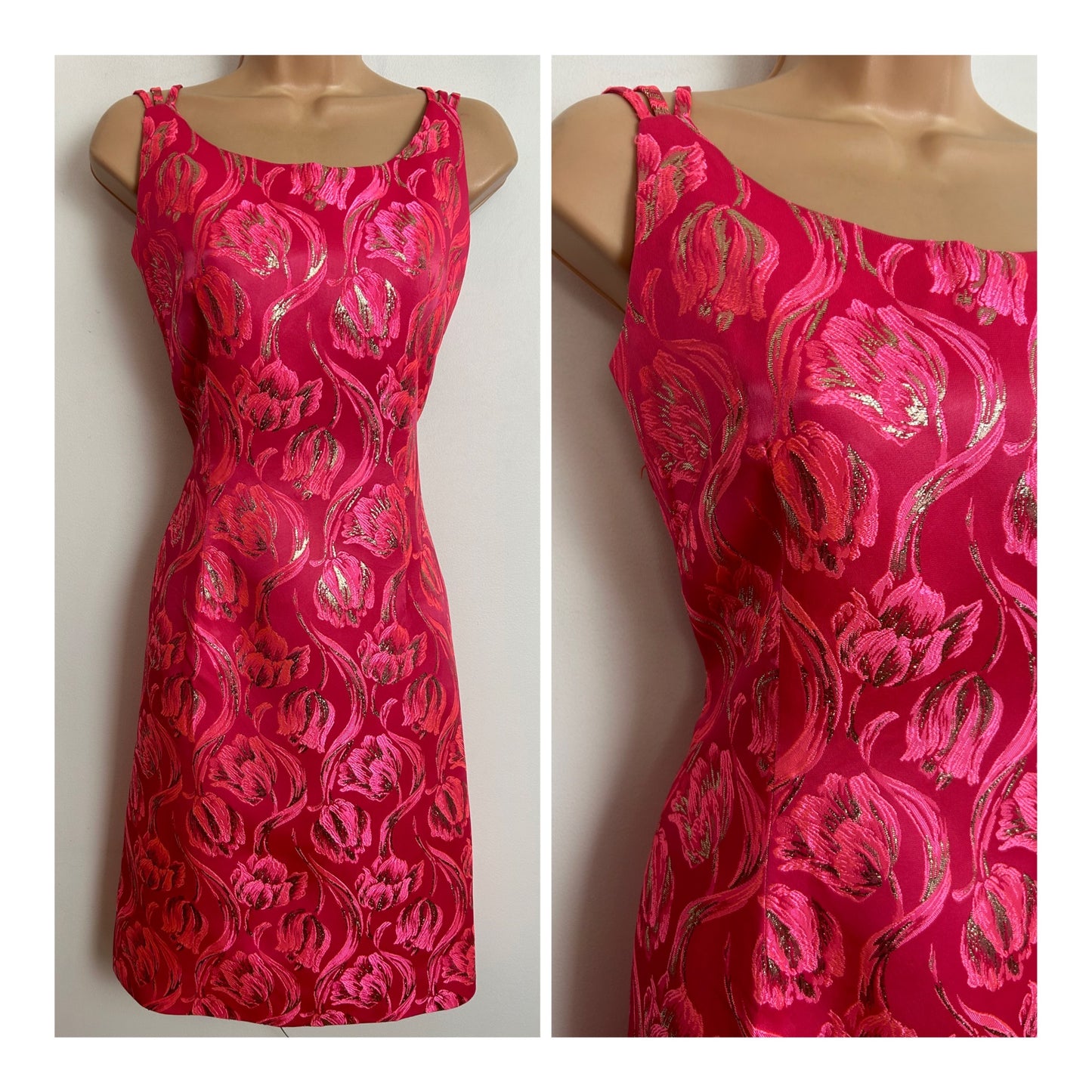 Vintage 1960s DALEWEAR UK Size 10 Hot Pink & Metallic Gold Brocade Satin Triple Strap Mod Occasion Party  Shift Dress