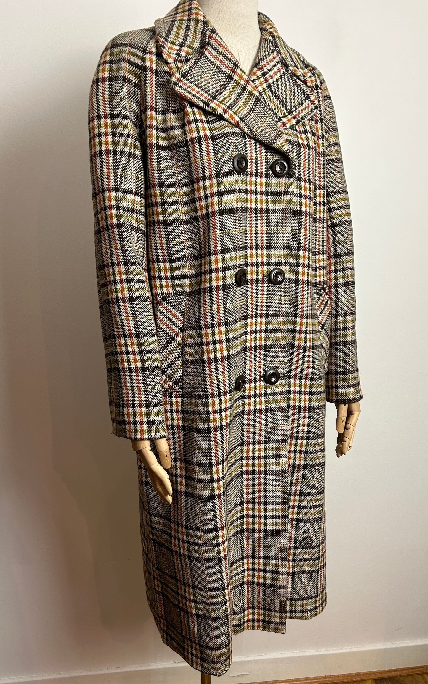 Vintage LAURE OF LEICESTER UK Size 14-16 Brown Cream & Rust Check Double Breasted Winter Coat