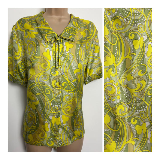 Vintage 1960s DEADSTOCK Size 14-16 Green Tones Psychedelic Floral Print Silk Blouse