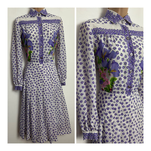 Vintage Late 1970s Size 10 White & Purple Floral Iris Print Long Sleeve Pleated Day Dress