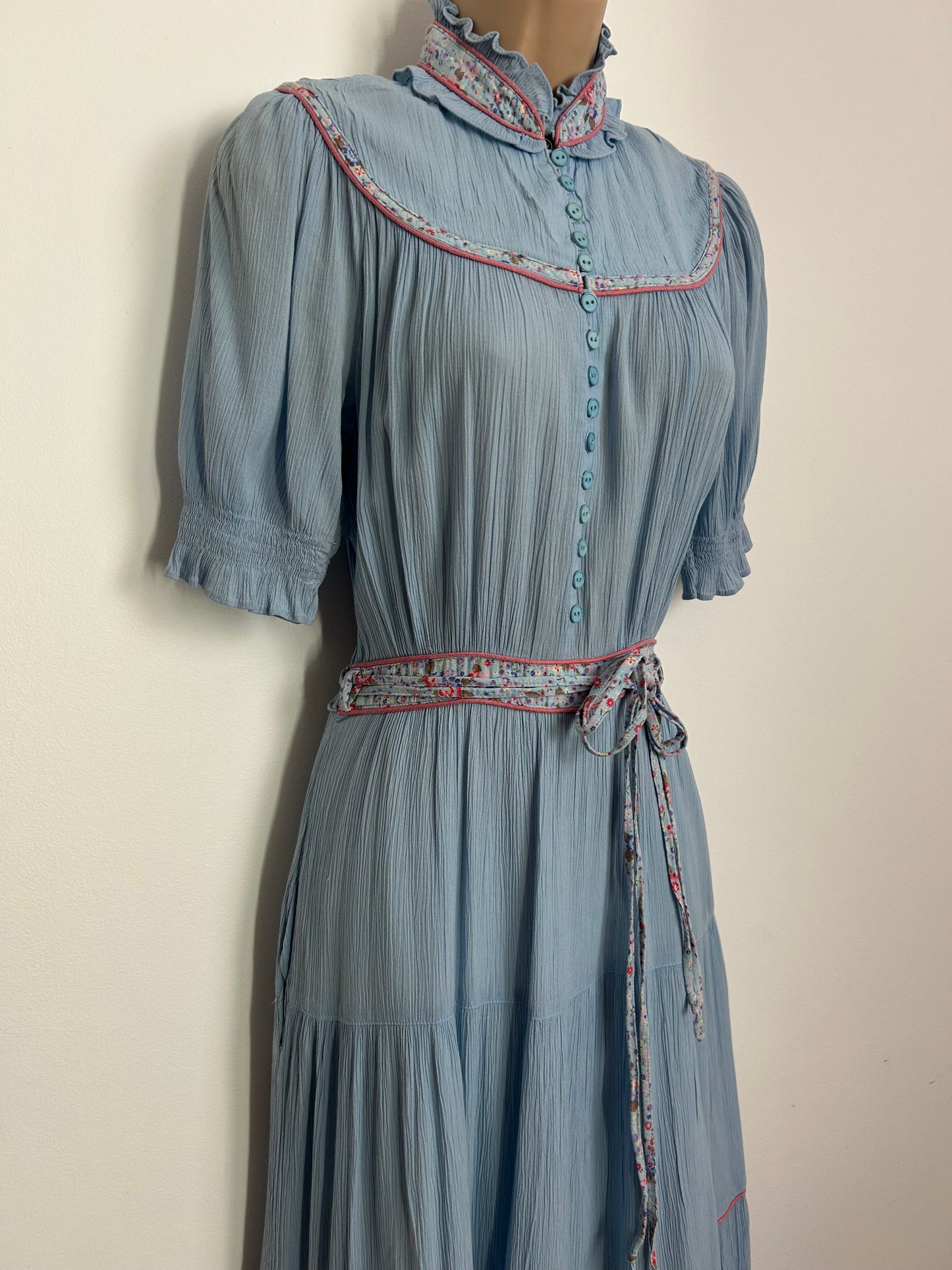 Vintage Late 1970s ELKONT Size 8 Pale Blue Cheesecloth Cotton Prairie Boho Midi Day Dress