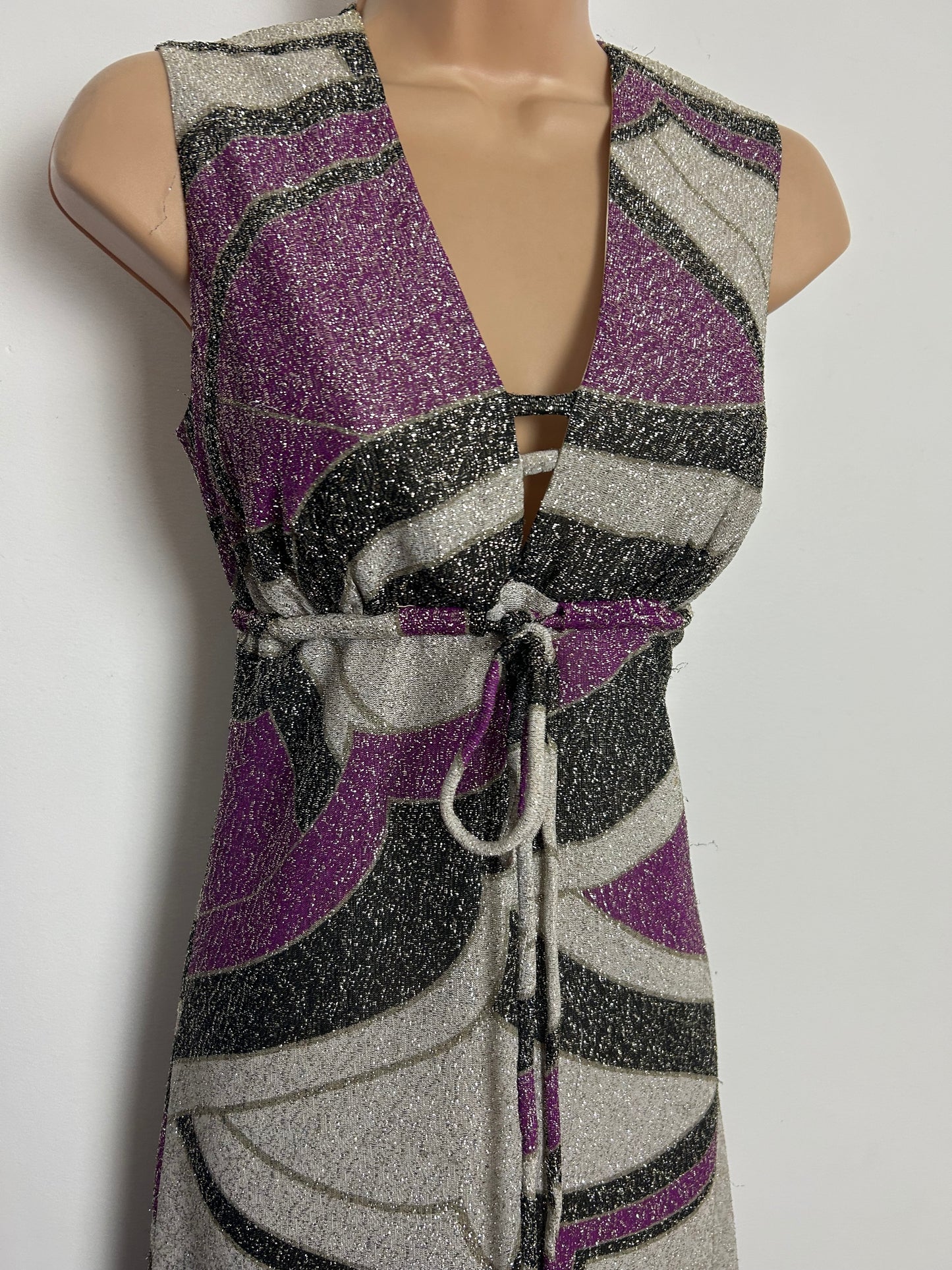 Vintage 1970s Size 6-8 Grey Silver & Purple Tones Abstract Print Lurex Occasion Evening Maxi Dress