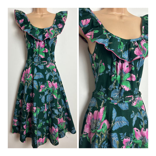 Vintage 1970s ST MICHAEL Size 8 Dark Green Pink & Blue Floral Print Belted Cotton Summer Dress