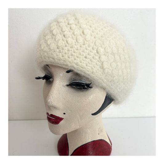 Vintage Winter White Angora & Wool Mix Beanie Winter Hat