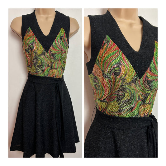 Vintage Early 1970s VERA MONT UK Size 8 Black Green Pink & Orange Lurex Belted Mod Party Dress