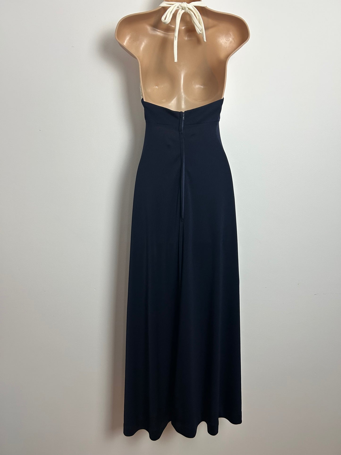Vintage 1970s JOHN MARKS BY ANNE TYRRELL Size 6 Navy Blue & Cream Halter Summer Occasion Maxi Dress