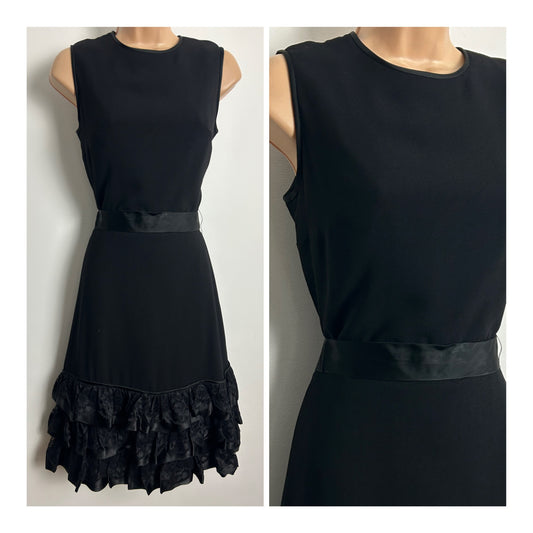 Vintage 1960s DOOLITTLE Size 8 Black Sleeveless Belted Lace Triple Tier Hemline Party Dress