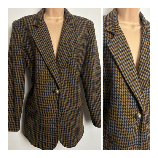 Vintage 1980s SAG HARBOR Size 12 Dark Green Maroon & Beige Wool Mix Herringbone Tweed Blazer