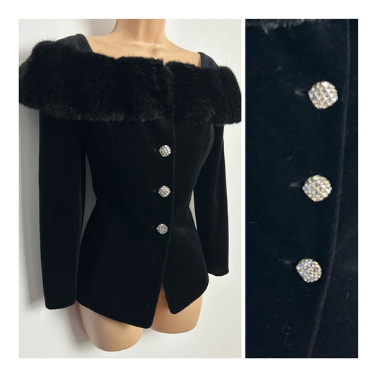 Vintage 1980s VERA MONT FRANCE Size 10 Black Velvet & Faux Fur Jacket