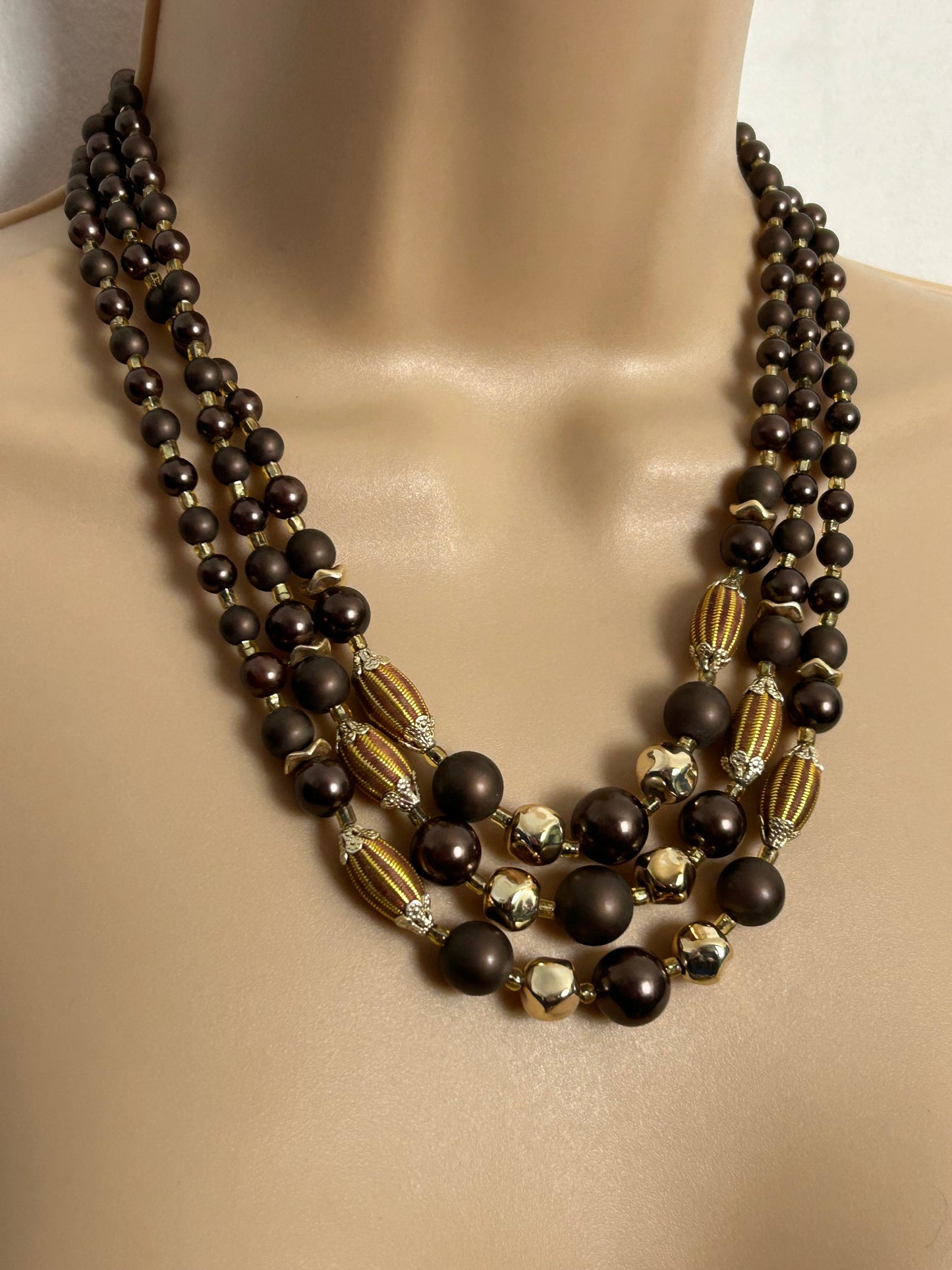 Vintage 1960s Brown & Gold Bead Triple Stand Chunky Necklace