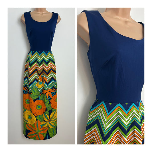 Vintage 1970s DOBETT Size 10 Navy Blue Orange Yellow & Green Floral & Stripe Print Pleated Maxi Dress