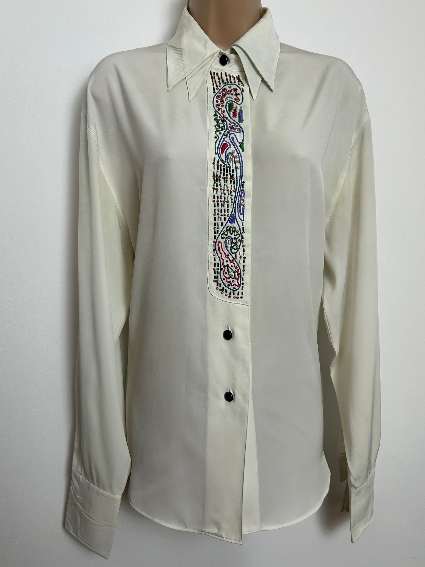 Vintage 1980s Size 12 Off White Double Collared Bead & Embroidered Placket Detail Shirt/Blouse