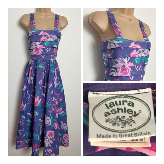 Vintage 1980s LAURA ASHLEY Size 8 Violet Pink & Green Floral Print Cotton Summer Midi Dress