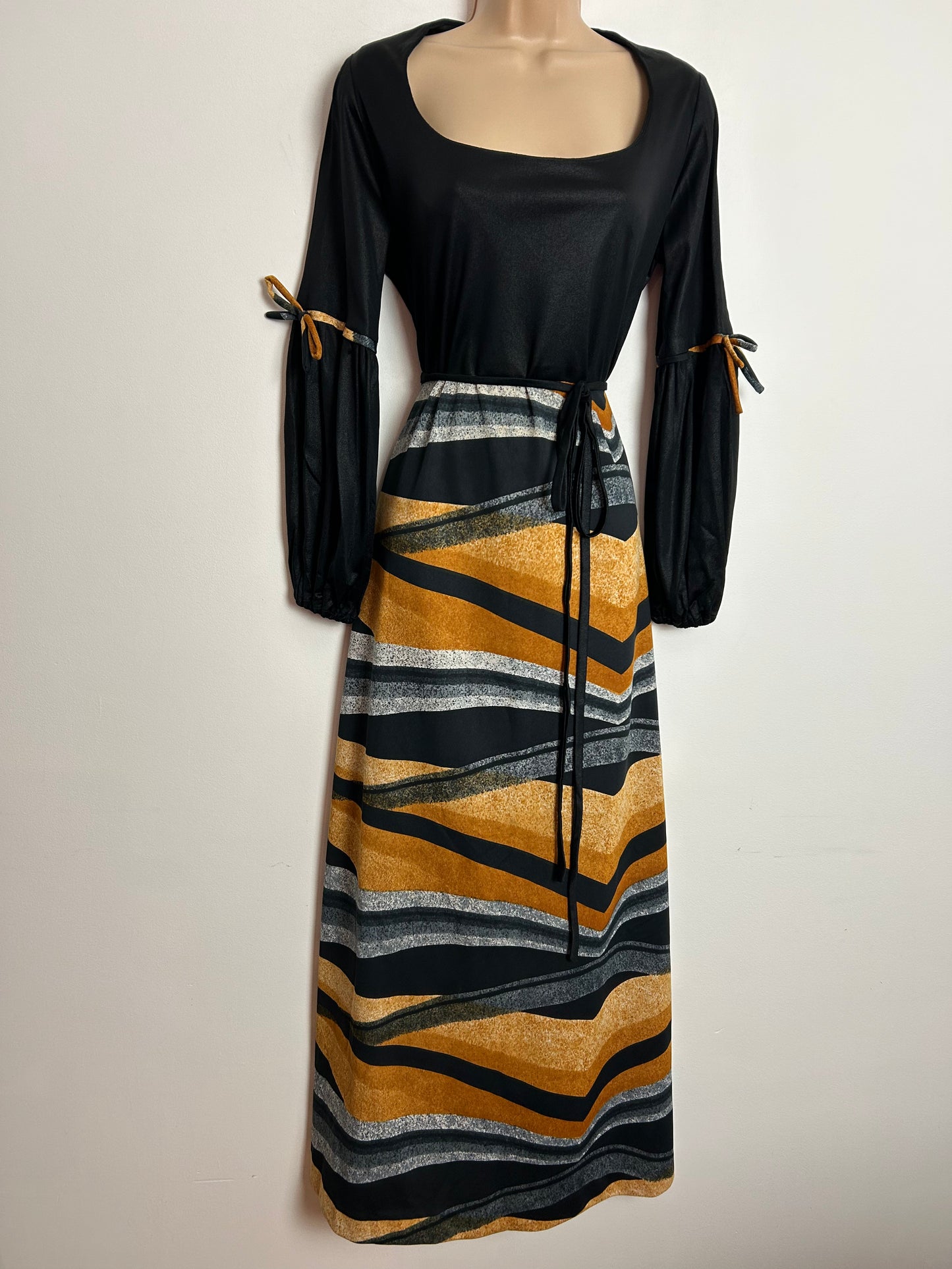 Vintage 1970s UK Size 12-14 Black Grey & Sandy Beige Stripe Juliet Sleeve Belted Maxi Dress