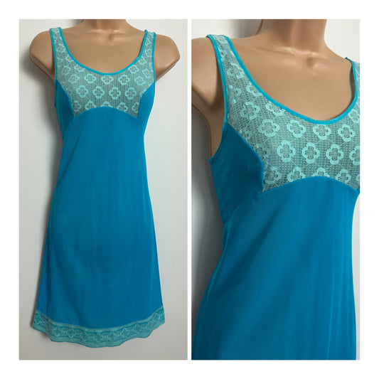 Vintage 1960s Size 6-8 Peacock Blue Lace Panel Nylon Slip Or Nightie