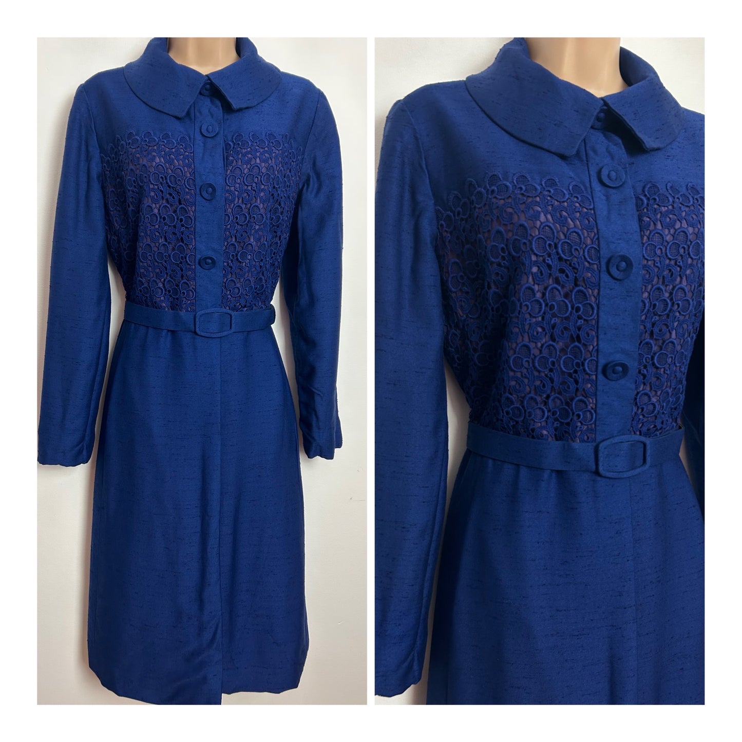 Vintage Late 1940s ELKA COUTURE UK Size 12-14 Royal Blue Guipure Lace Bodice Belted Long Sleeve Coat Style Dress