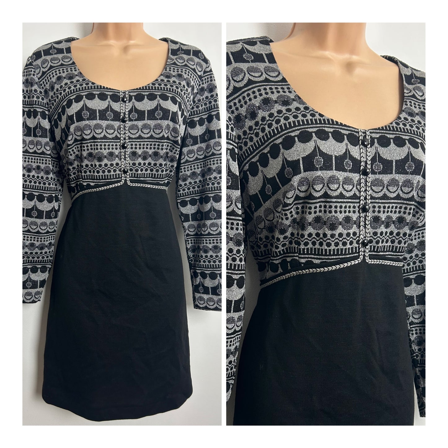 Vintage 1960s CLIFTON Size 14 Black & Metallic Silver Lurex Evening Mod Dress