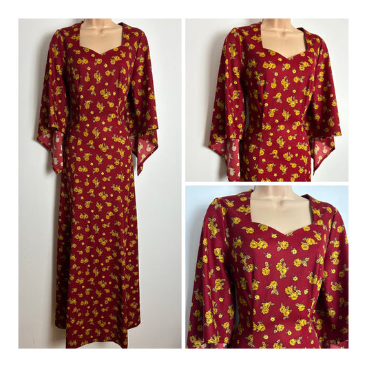 Vintage 1970s Size 8-10 Dark Red & Mustard Yellow Floral Print Trumpet Sleeve Maxi Dress