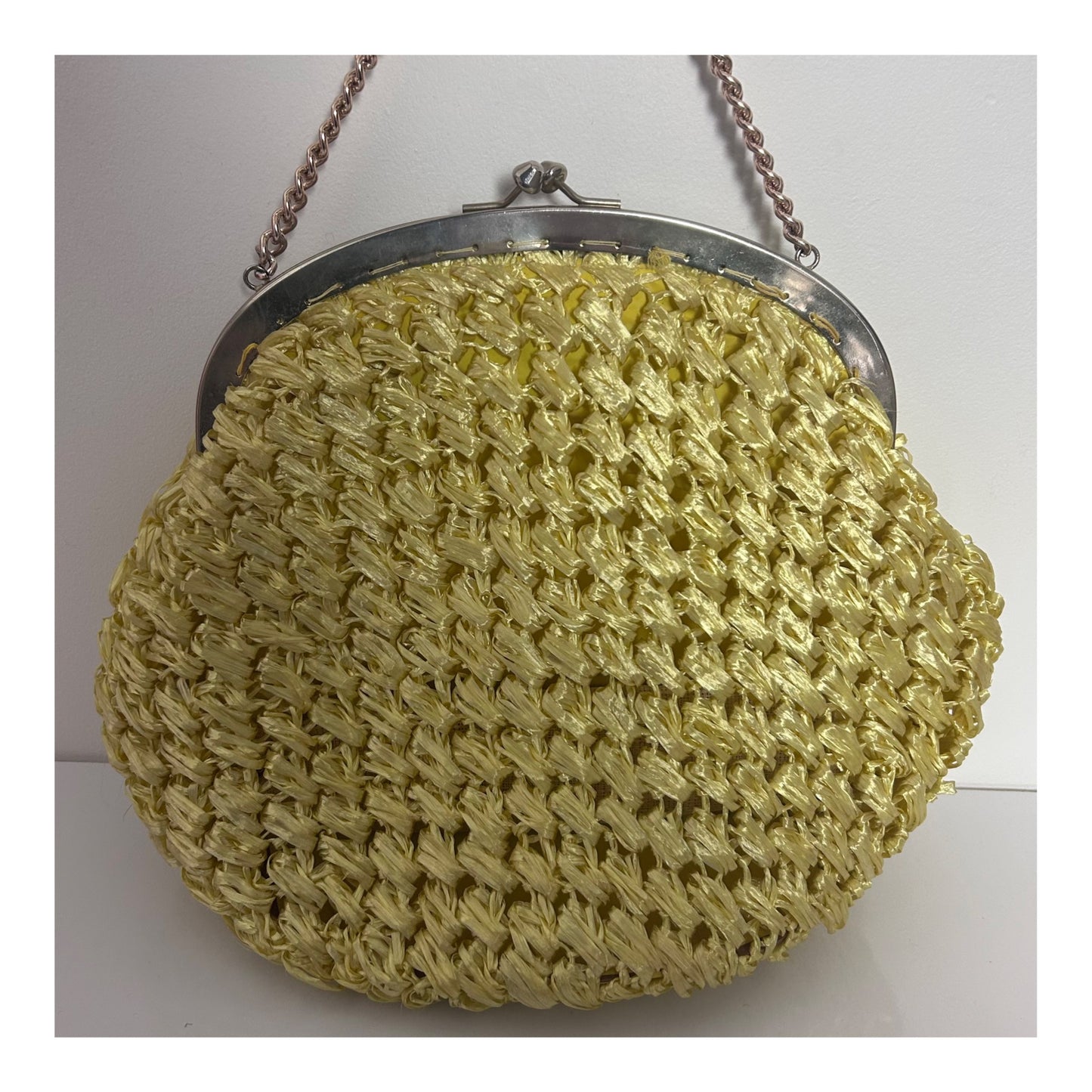 Vintage 1960s Large Lemon Raffia Style Woven Handbag With Small Silver Chain Strap.