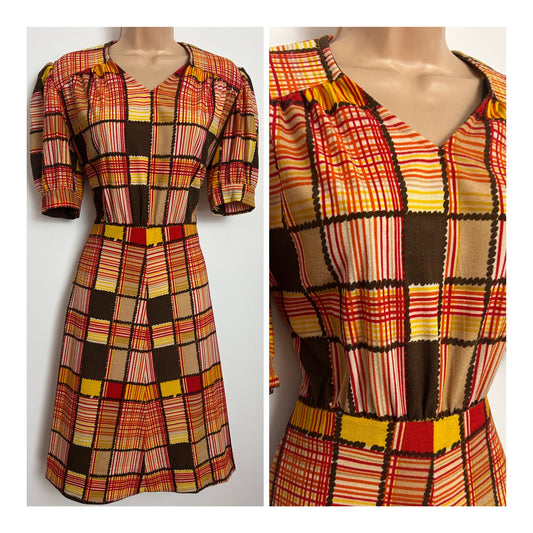 Vintage 1970s Size 12 Brown Red Orange & Yellow Check Print Fit & Flare Day Dress