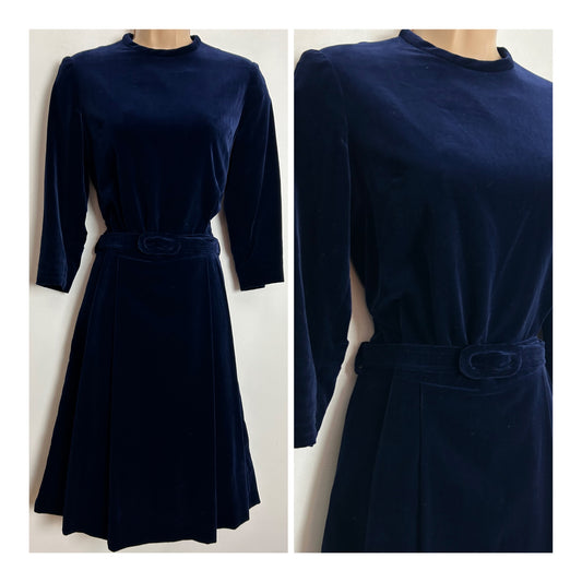 Vintage 1960s UK Size 10-12 Dark Midnight Blue Velvet Belted Pleated Dress
