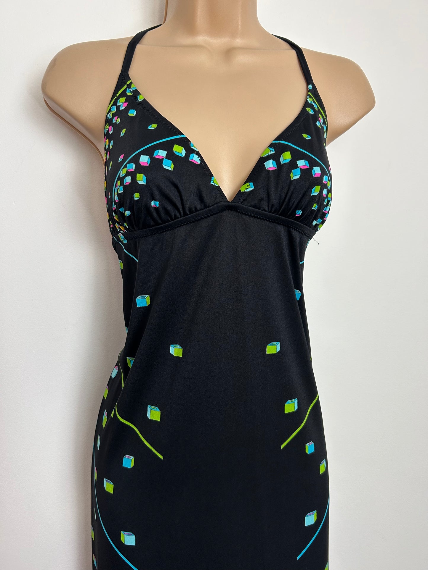 Vintage 1970s Size 8-10 Black & Mulitcolour Geometeric Square Print Halterneck Open Tie Back Maxi Dress