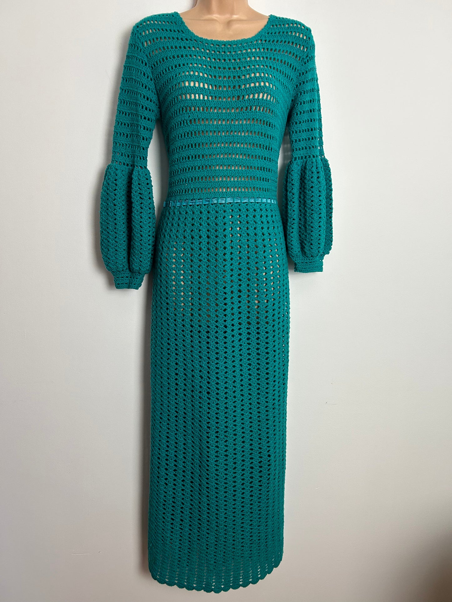 Vintage Early 1970s Homemade UK Size 10-12 Gorgeous Teal Crochet Long Juliet Sleeve Boho Prairie Maxi Dress