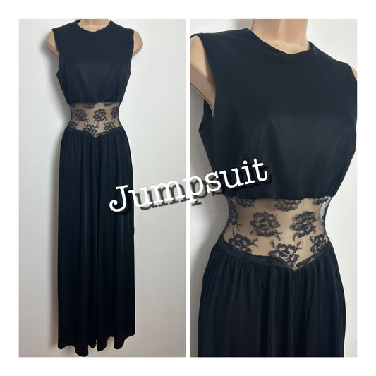 Vintage Early 1970s RARE SPORTAVILLE Size 6-8 Black Sleeveless Lace Waist Panel Palazzo Leg Jumpsuit
